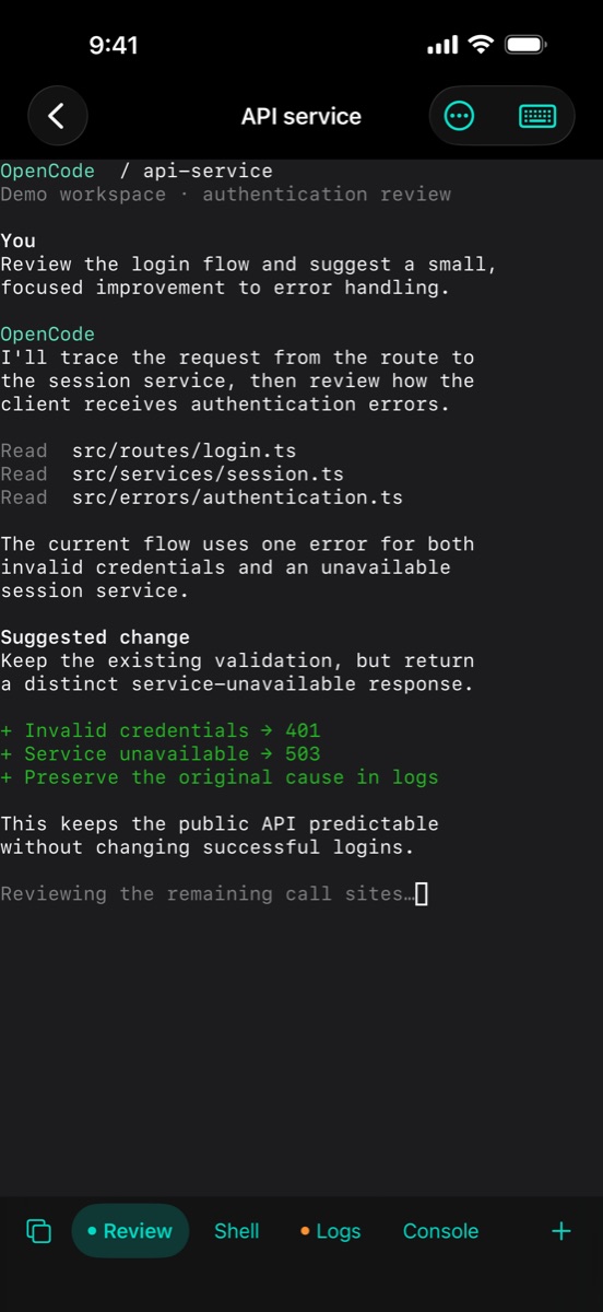 A demo coding-agent conversation displayed in Sherpa's terminal, with native workspace tabs below.