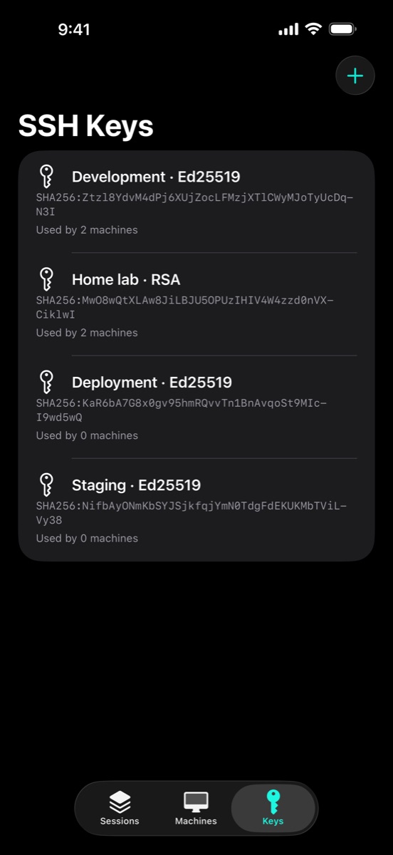 Sherpa's SSH Keys page listing named Ed25519 and RSA keys and their machine usage.