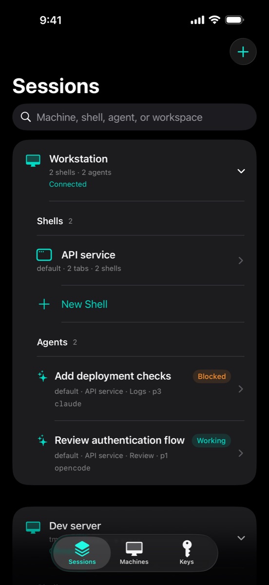 Sherpa Sessions dashboard showing a demo workstation, shell workspace, and coding agents with working and blocked status.