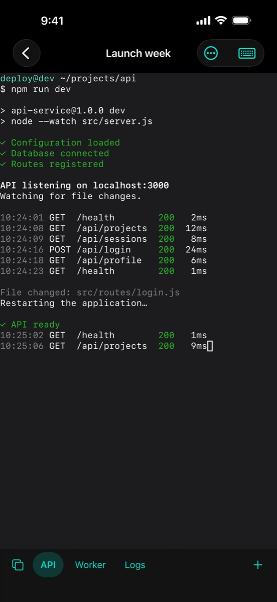A tmux workspace in Sherpa with API, Worker, and Logs tabs.